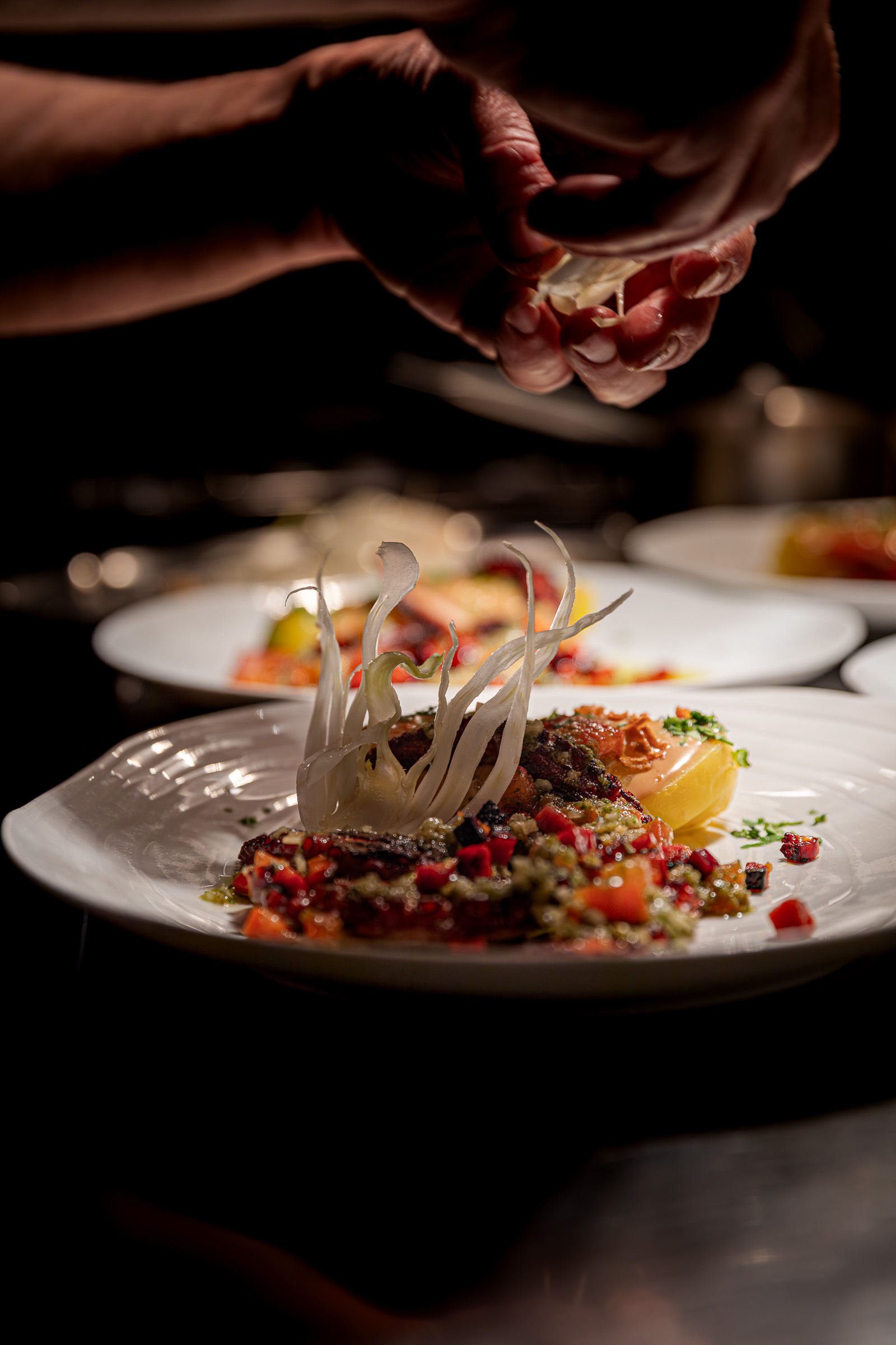 Chef apportant la touche finale au dressage d’une assiette de poulpe, pommes de terre, sauce et petits légumes avant le service en salle dans un restaurant à Thonon-les-Bains